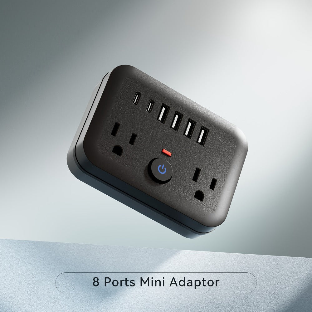 Compact Travel Surge Protector Power Strip 8-in-1 with 2 AC Outlets 4 USB-A Ports 2 USB-C Jacks Overload Protection Wall Mount Mini Portable Charging Station for Home Office Travel – Black or White