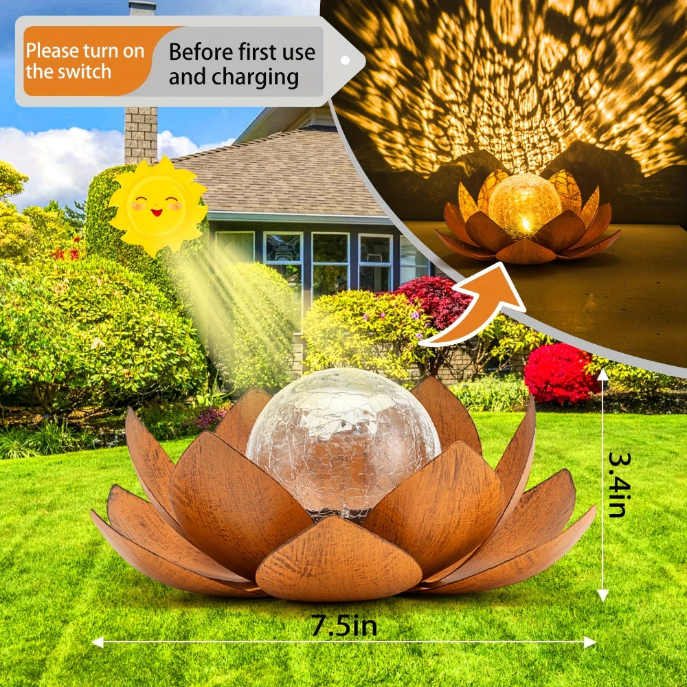 Solar Lotus Cracked Glass Ball Garden Lamp 2pcs – Waterproof Metal Cracked Ball Solar Light for Outdoor & Indoor Decoration | Garden, Balcony, Dining Table & Living Room Decor | Father’s Day Gift