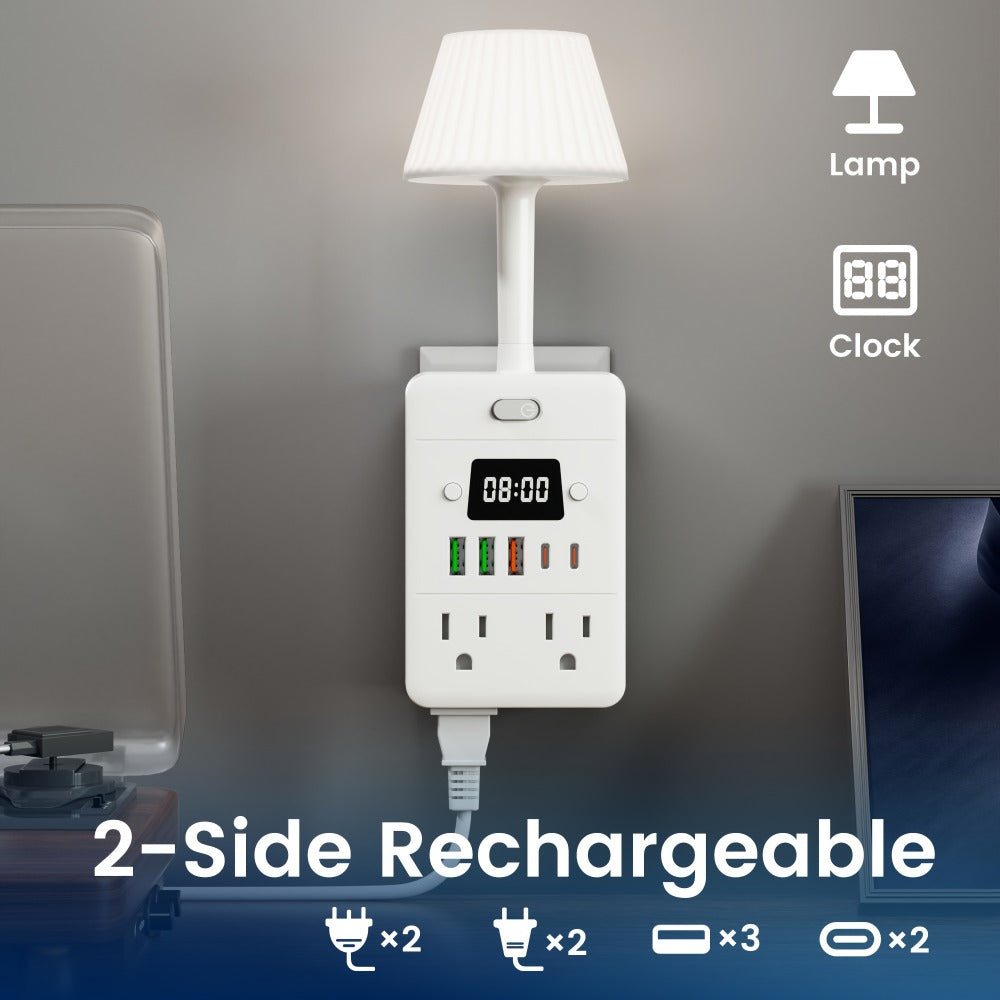 Desktop Power Strip with LED Desk Lamp & Clock 9-in-1, 4 AC Outlets & 5 USB Ports (3 USB-A & 2 USB-C), Surge Protection & Overload Safety for Office, Study, Home & School