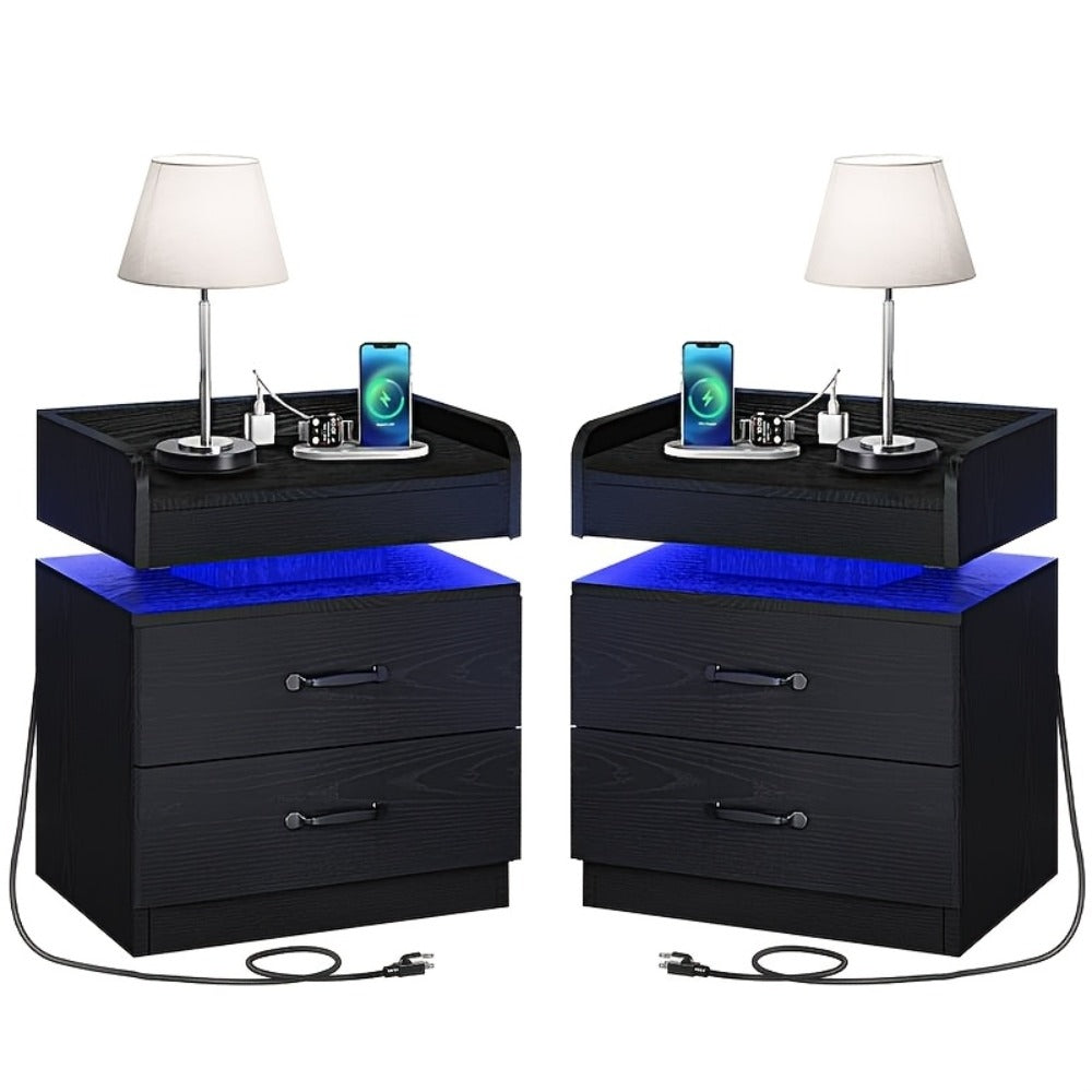 Wooden Nightstand with LED Ambient Light & Charging Station – Fabric Drawer, Blue Glow, Modern Bedside Table for Bedroom Living Room End Table, Black or White (Single or 2-Pack)