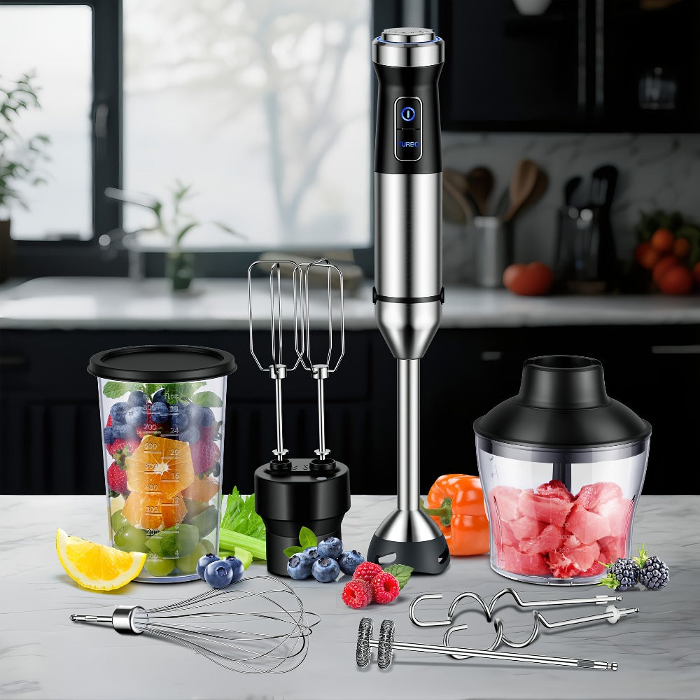 Immersion Blender Handheld 6-in-1 & 7-in-1 1000W 20-Speed Turbo – Titanium Blades BPA-Free with Dough Hooks Egg Beater Whisk Beaker & Chopper | Scratch-Resistant Hand Blender Kitchen Appliance