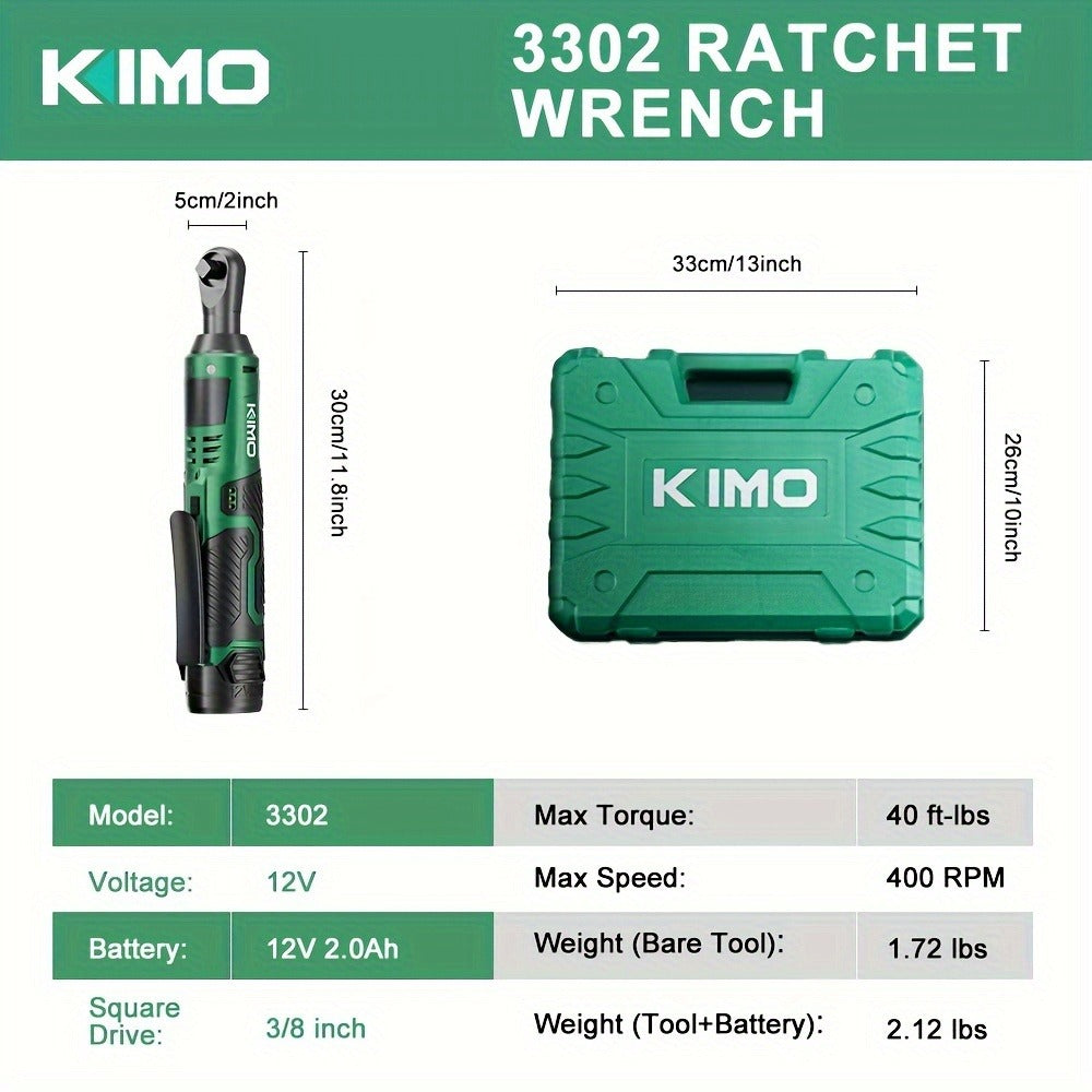 Cordless Ratchet Wrench 3/8 Inch 12V – KIMO 40ft-lb Torque Power Ratchet Set with 2.0Ah Battery, Fast Charger & 8 Sockets