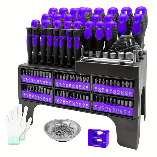 Magnetic Screwdriver Set, 118-Piece with Storage Rack and Tool Bowl, Purple