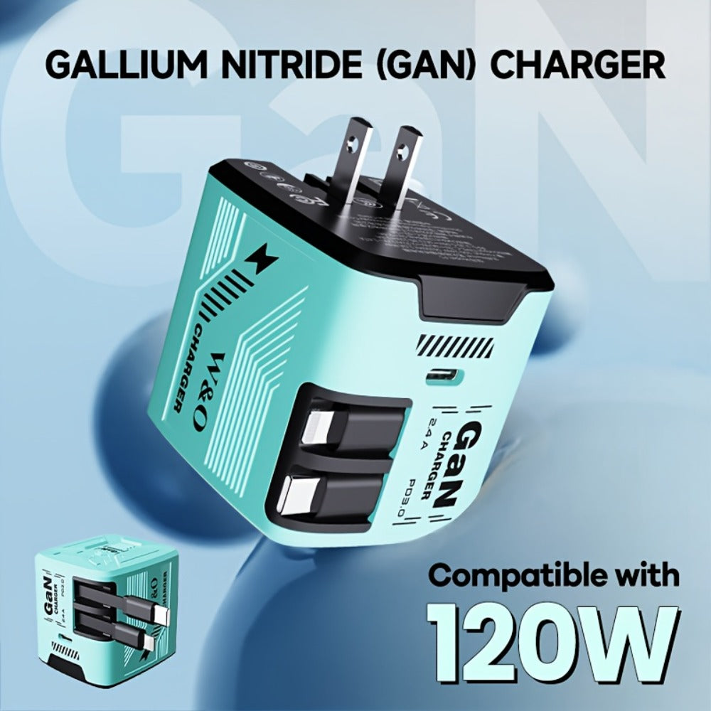 GaN Charger 120W with Lightning & Type-C Retractable Cables 47in, Foldable Plug USB-C Wall Adapter – With or Without Cable Option for iPhone 17 16 15 Pro Max, Samsung Galaxy S25 S24, Android Devices