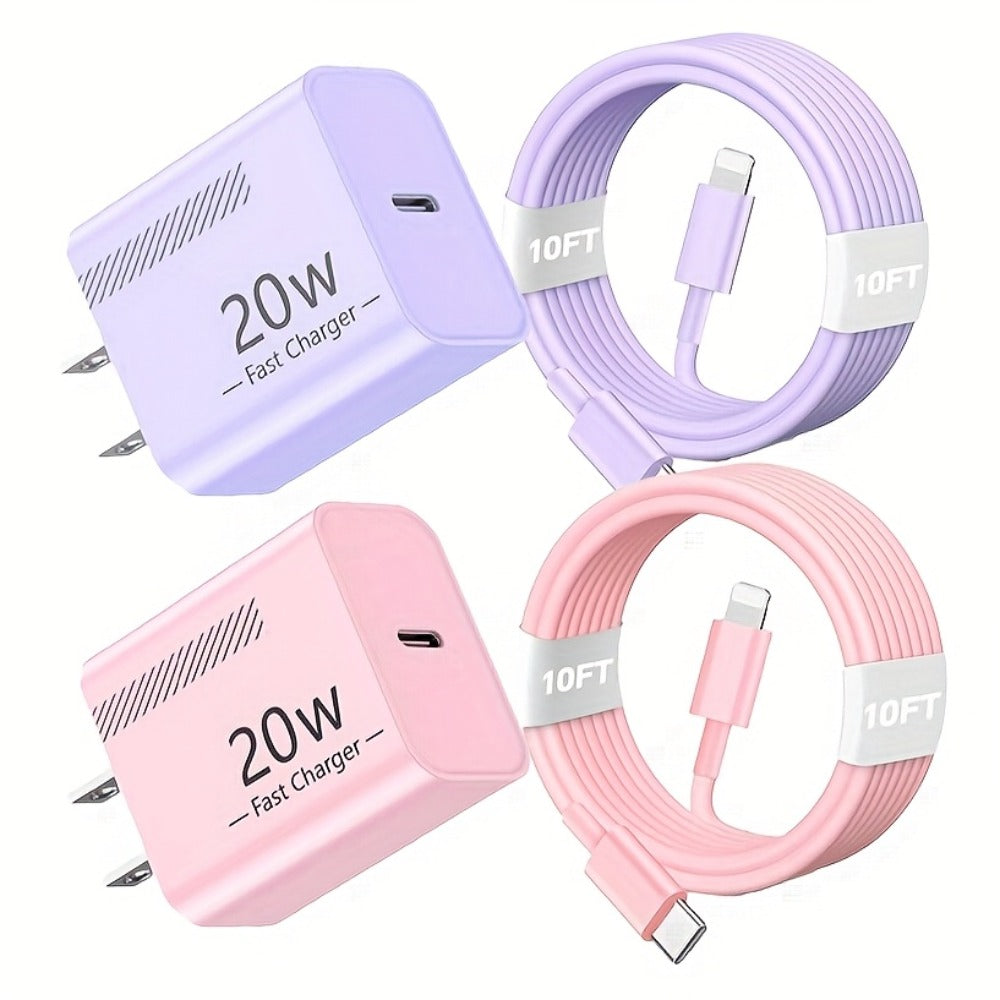 20W iPhone Fast Charger Bundle 3-Pack with 10ft L-Shaped Lightning Cable – 3 Chargers + 3 Cables Set for iPhone 14 13 12 11 Pro Max SE XR – Multi-Color USB-C Wall Charger Kit Family Value Pack