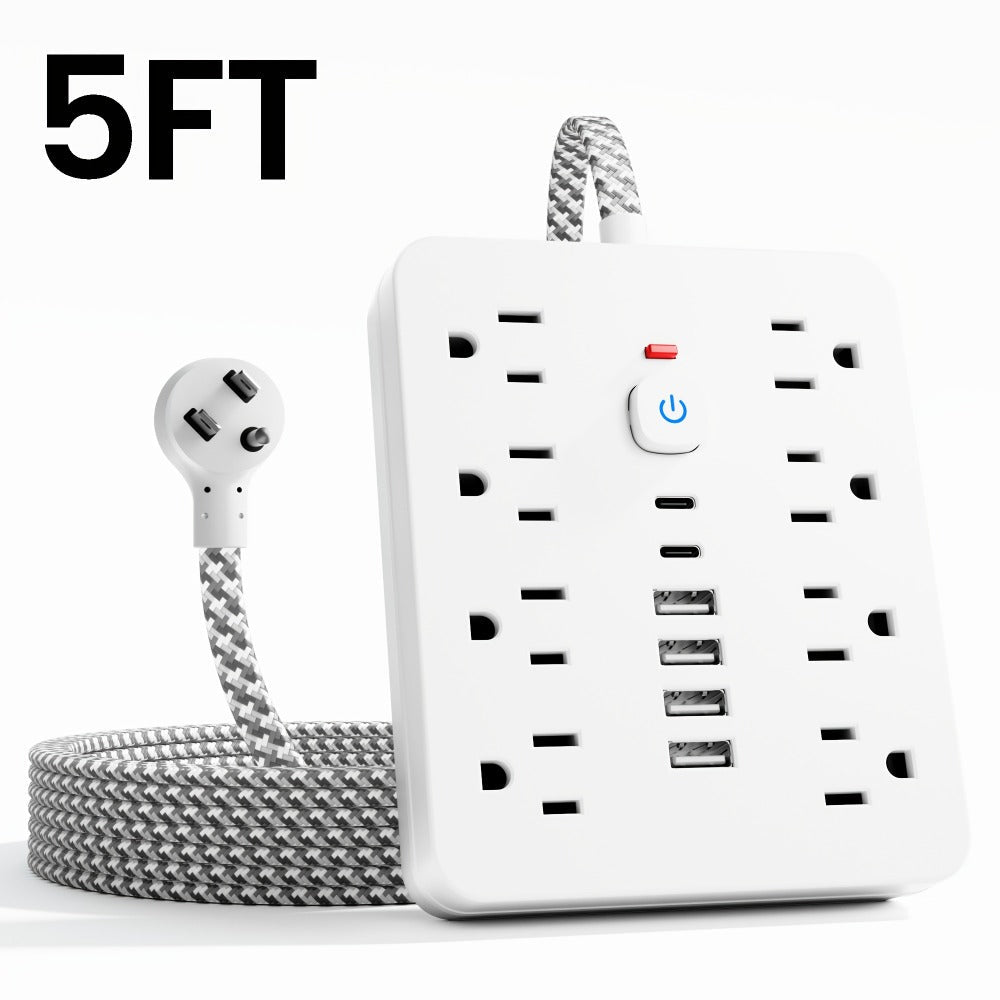 14-in-1 Wall-Mountable Power Strip with Surge Protector – 8 AC Outlets & 6 USB Ports (2 USB-C), Flat Plug Space-Saving Extension Cord, Overload Protection for Home School Office, 5ft or 10ft