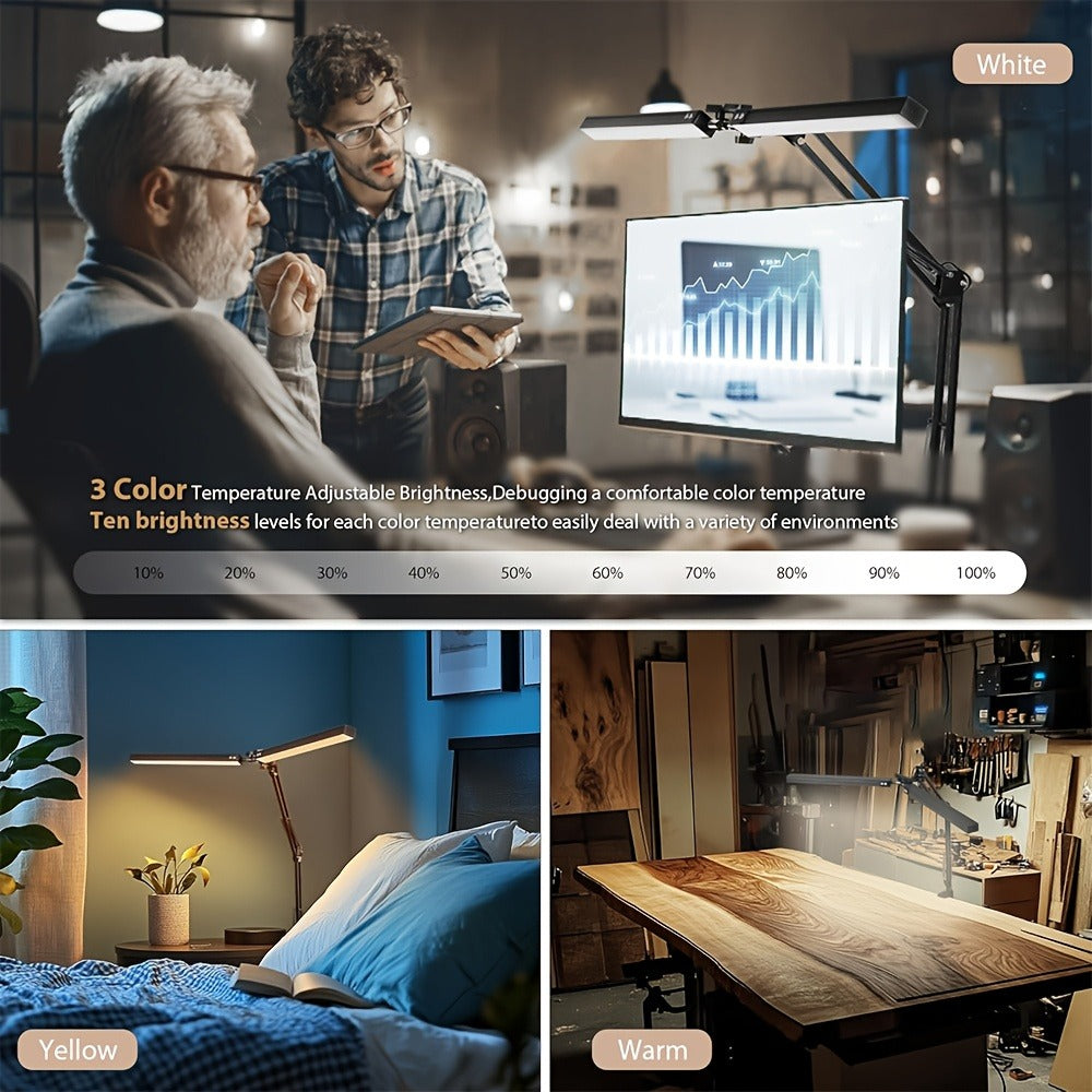 Dual Head Clamp Desk Lamp USB Powered – 2X Brighter Swing Arm LED Light, 3 Color Modes & 10 Brightness Levels for Dual Monitors, Drafting, Workbench & Home Office, Black