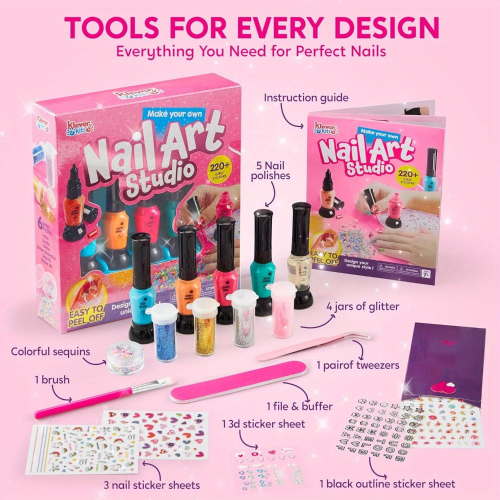 Kids Nail Art Kit with 220+ Stickers, Glitter & Polish Brush Pens