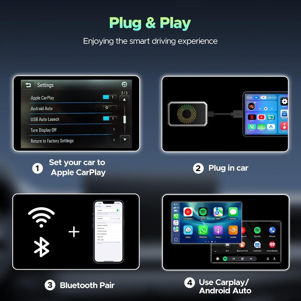 3-in-1 Wireless CarPlay Adapter Magic Media Box with Netflix YouTube TikTok Streaming & USB Port, Converts Factory Wired Apple CarPlay & Android Auto to Wireless, Plug-and-Play, iOS 10+, Black