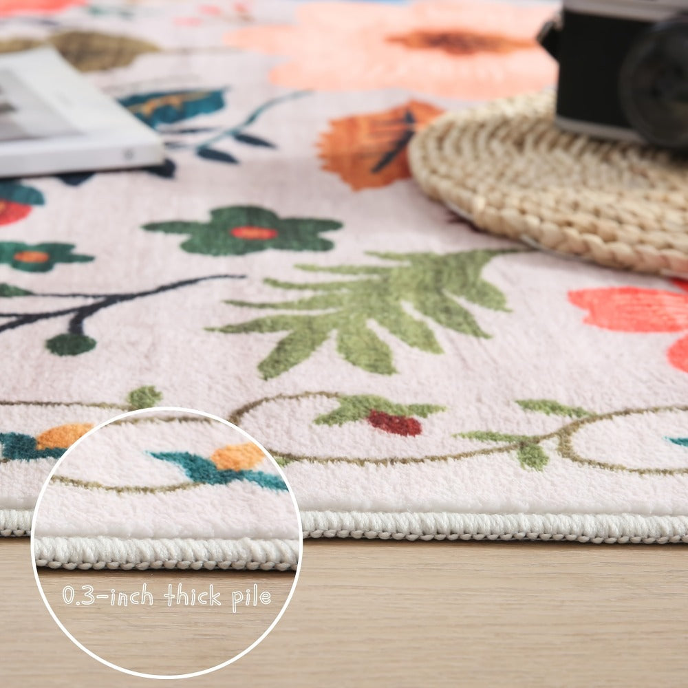 Bohemian Floral Plush Rug Non-Slip Machine Washable – Soft Floral Runner Mat for Bedroom, Kitchen, Bathroom, Entryway & Living Room – Easy Clean Indoor Home Decor Mat, 4 Sizes