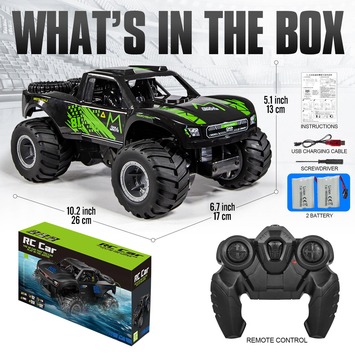 Amphibious RC Car 1:16 Scale 4WD, Waterproof Monster Truck or Pickup, 2 Batteries