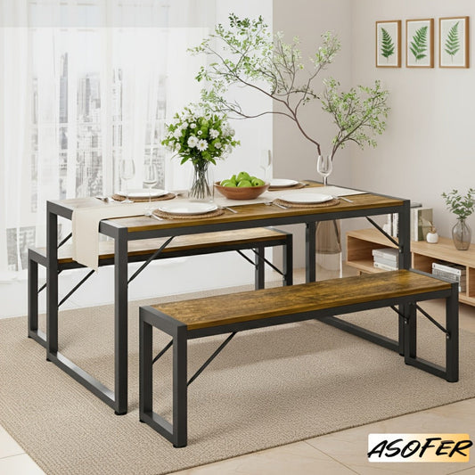 Dining Table Set for 4 with Two Benches, 45.5-Inch MDF Top and Metal Frame