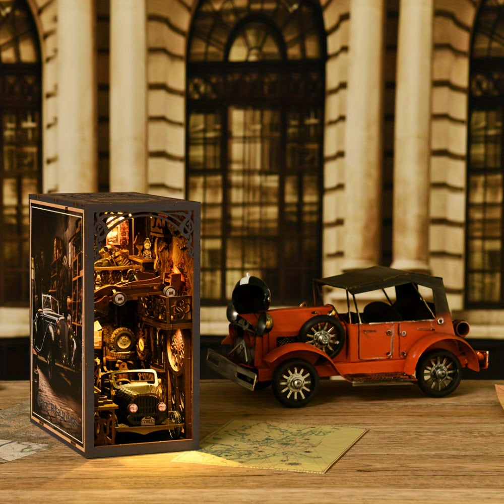 Car Players Book Nook Kit, DIY Wooden Vintage Alley Bookshelf Insert