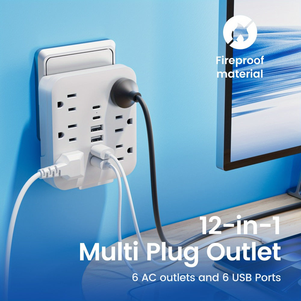 Bedside Wall Power Strip 12-in-1 with 6 AC Outlets, 4 USB-A & 2 USB-C Ports – Multi-Socket Charging Station for Home, Office, Bedroom & Travel, White & Black