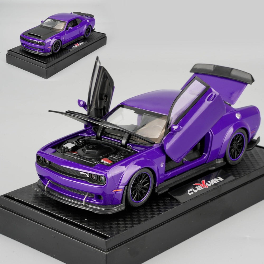 Dodge Sports Car Diecast Model, Purple Zinc Alloy Static Collectible with Display Base & Opening Doors