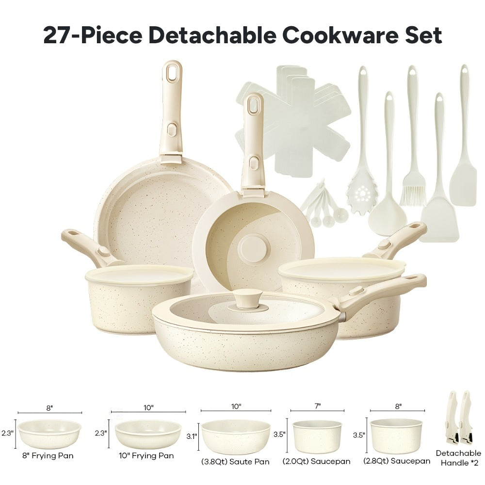 Nonstick Cookware Set 23 & 27 Piece with Removable Handles – Induction Oven Dishwasher Safe Pots and Pans | Non-Toxic Frying Pans Saucepans Space-Saving Kitchen Cooking Set in Beige & Pink