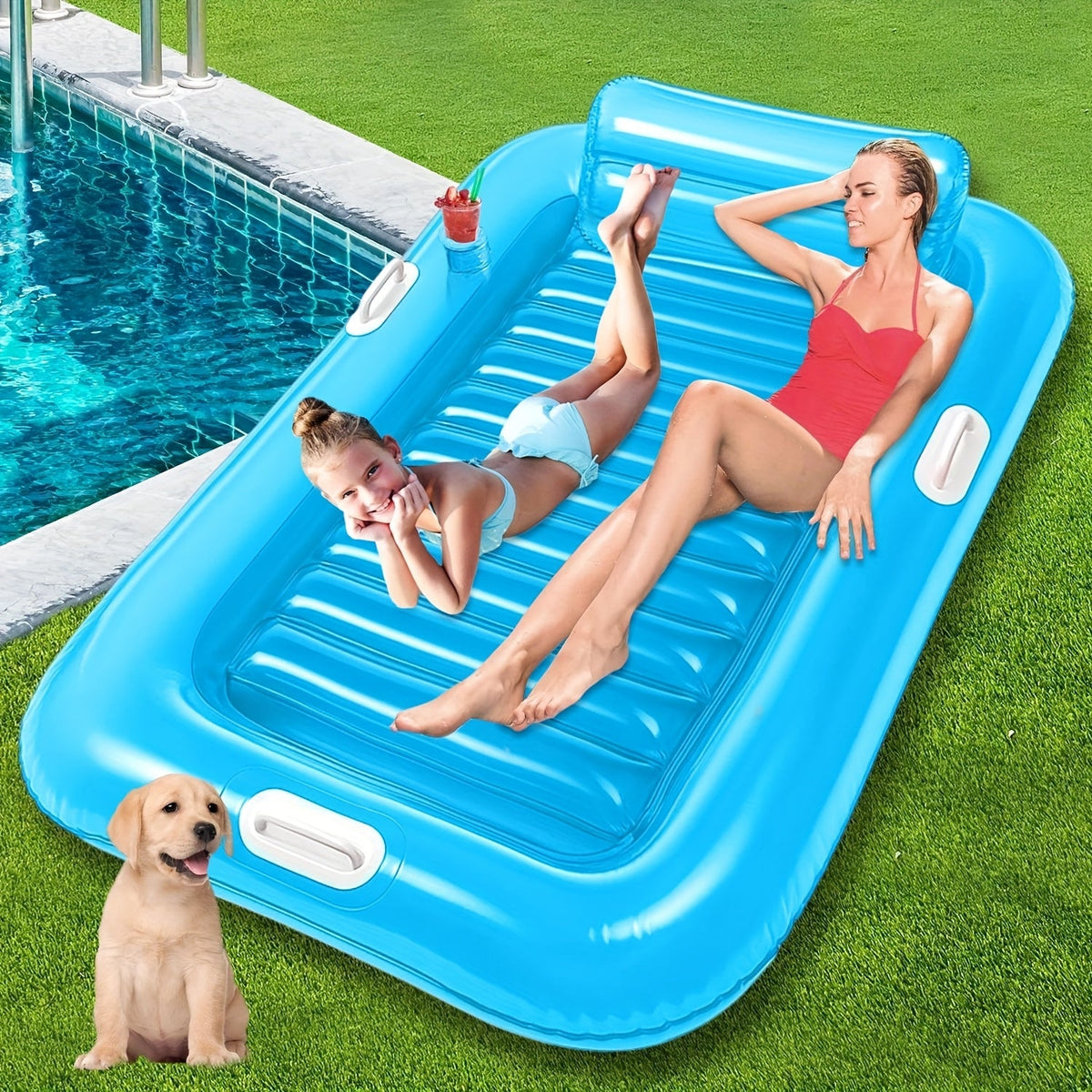 Inflatable Pool Lounger Sunbed with Removable Headrest and Cup Holders
