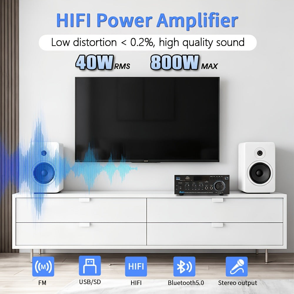 400W Bluetooth 5.0 Stereo Amplifier Receiver AK45, 2-Channel Home Audio Power Amp with Karaoke, FM Radio, USB MMC SD Card, Supports Passive Ceiling Speakers Garage Home Theater Speaker System