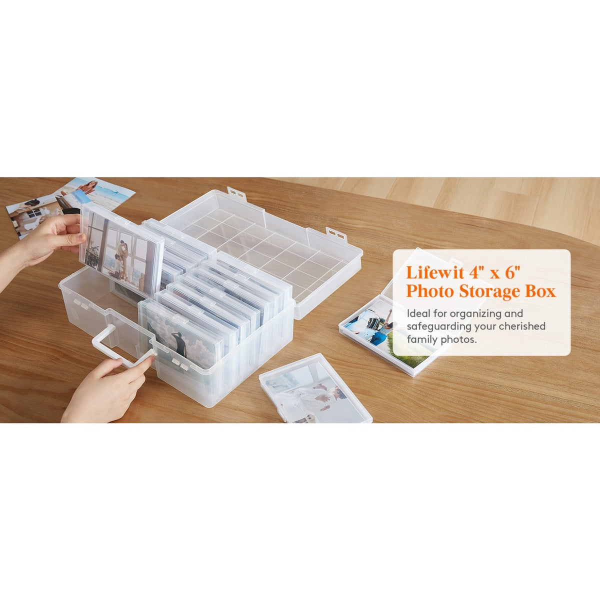 4x6 Photo Storage Box with 14 Inner Photo Keeper Cases Holds 1400 Photos Clear Plastic Photo Organizer with Lids Label Stickers BPA-Free for Cards Pictures Stamps Craft Office Supplies