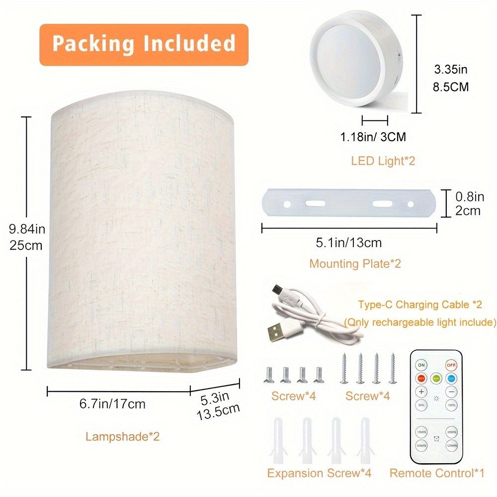 Rechargeable Wall Sconce Set of 2 – Wireless Fabric Shade Wall Light with Remote Control, Magnetic Puck Light, Dimmable CCT or RGB Color, No Wiring for Bedroom Living Room Hallway Decor