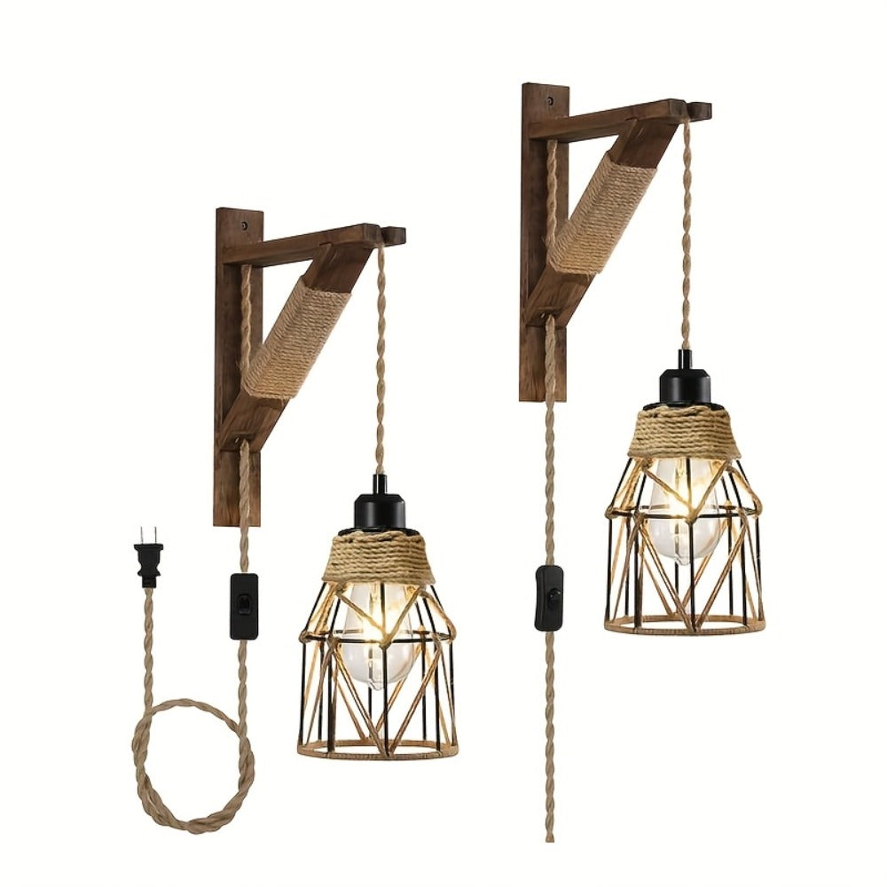 Plug In Wall Sconces Set of 2 or 1 – Rustic Farmhouse Wall Lamp with Metal Cage & Wooden Bracket, Plug-Into-Outlet Hanging Light for Bedroom, Living Room & Headboard