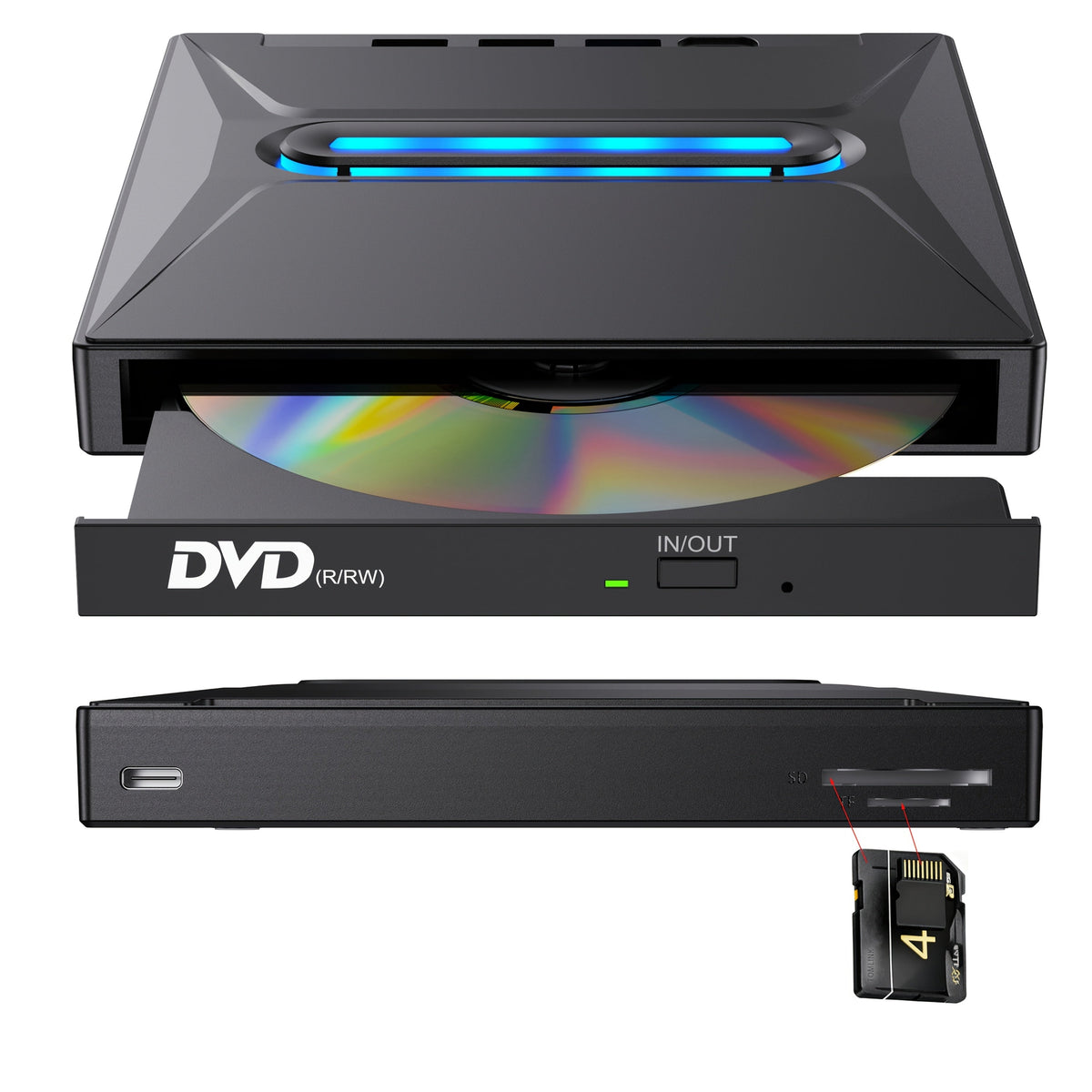 8-in-1 Luminous External CD DVD Drive USB 3.0 & Type-C - Portable CD/DVD±RW Burner Player Hub with 3 USB Ports, TF/SD Card Reader, Compatible with Laptop Desktop PC Windows Linux