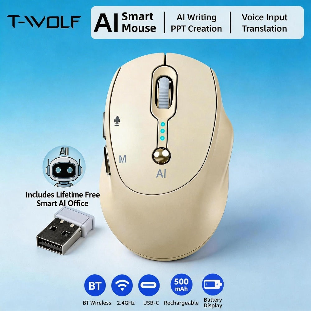 AI Wireless Mouse Voice to Text Real-Time Translation PPT Creation T-WOLF Silent Rechargeable Bluetooth 2.4G Dual Mode Battery Display Laptop PC Mac Windows Android Yellow Pink