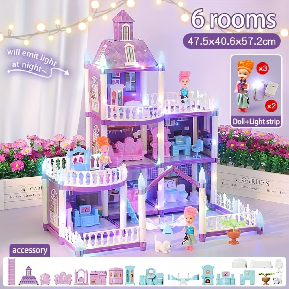 Purple LED Dollhouse Playset with 6 to 16 Room Options and Furniture