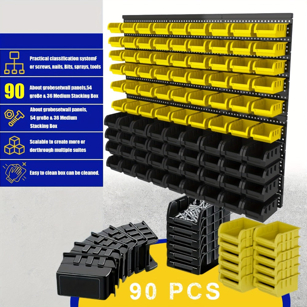 Wall Mounted Storage Bin Rack System – Heavy Duty Small Parts Organizer for Screws, Nuts, Bolts & Nails | Stackable Garage Workshop Tool Storage Rack | 30/60/90 Bins Hardware Organizer