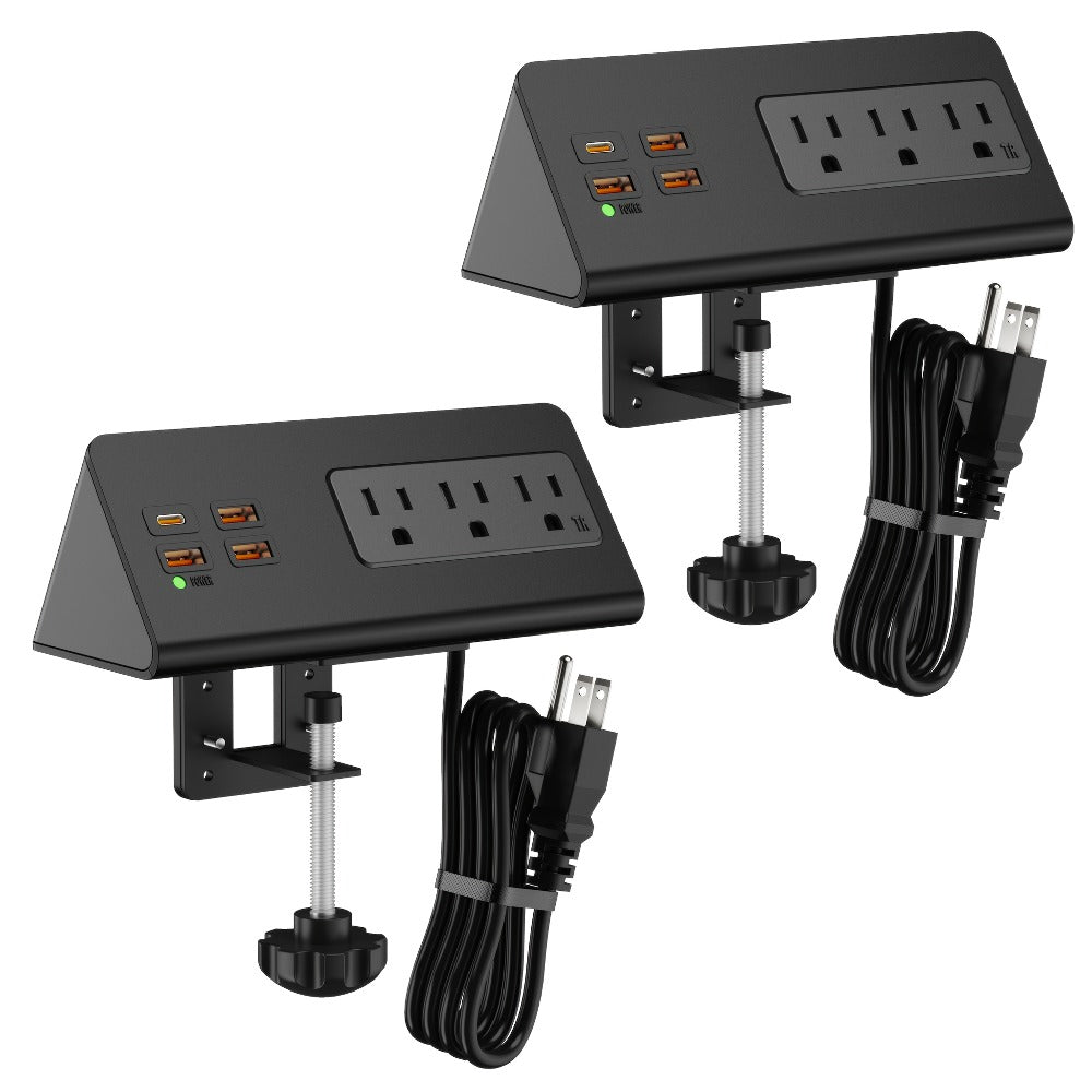 Desk Edge Mount Power Strip 7-in-1 with PD 20W USB-C Fast Charging, Screw & Clamp Mount, 5.6ft Extension Cord, Power Indicator Light – Under-Desk Charging Station for Office, Dorm & Hotel