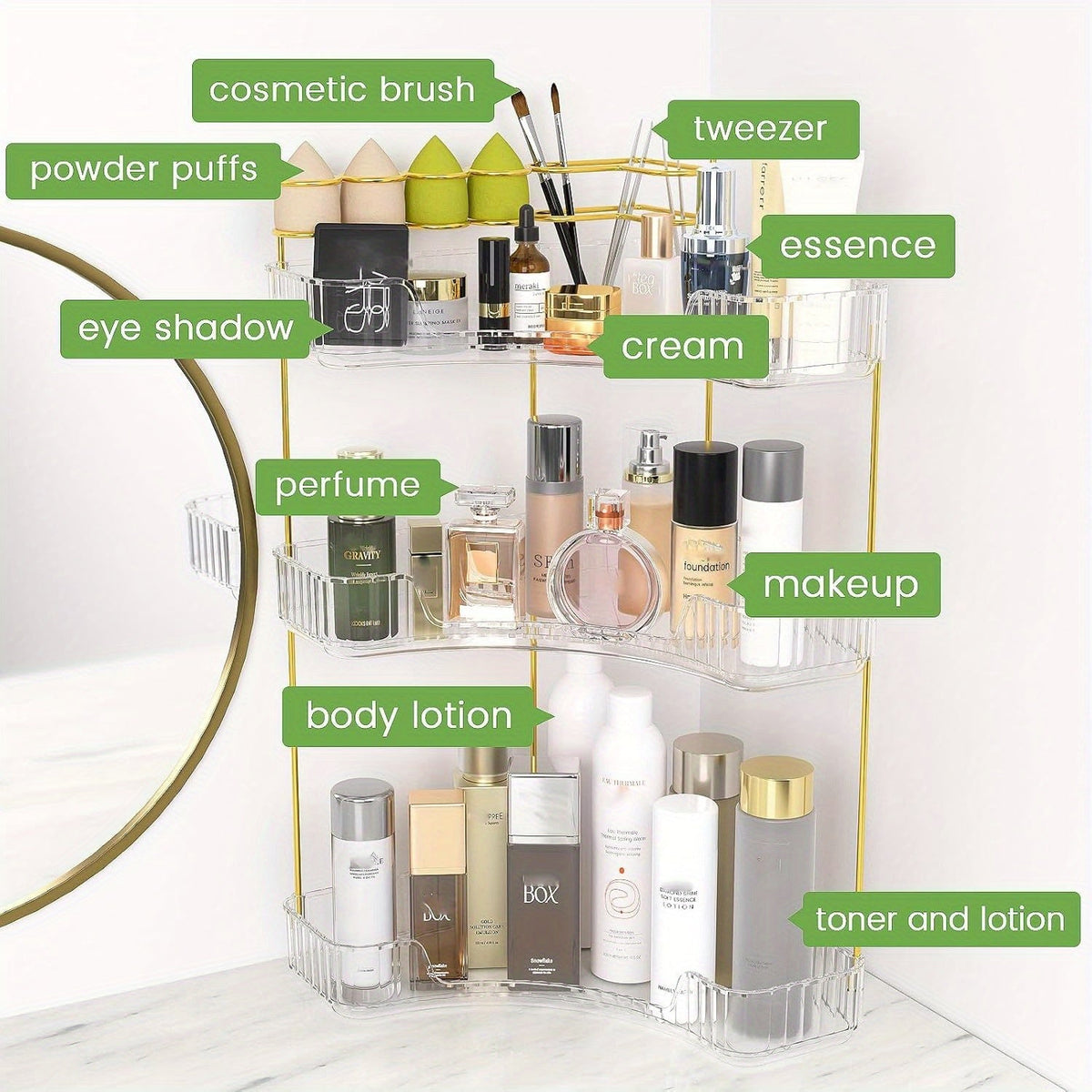 Bathroom Corner Shelf Organizer 2-in-1 Tiered Makeup Skincare Storage with Brush Holder No-Tool Install Space-Saving Countertop Vanity Dresser Kitchen Organizer Women
