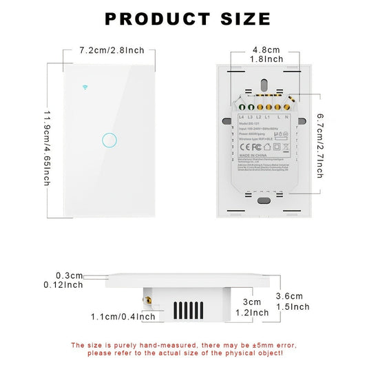 Glass Smart Light Switch with WiFi and Bluetooth, White Touch Panel, Neutral Required