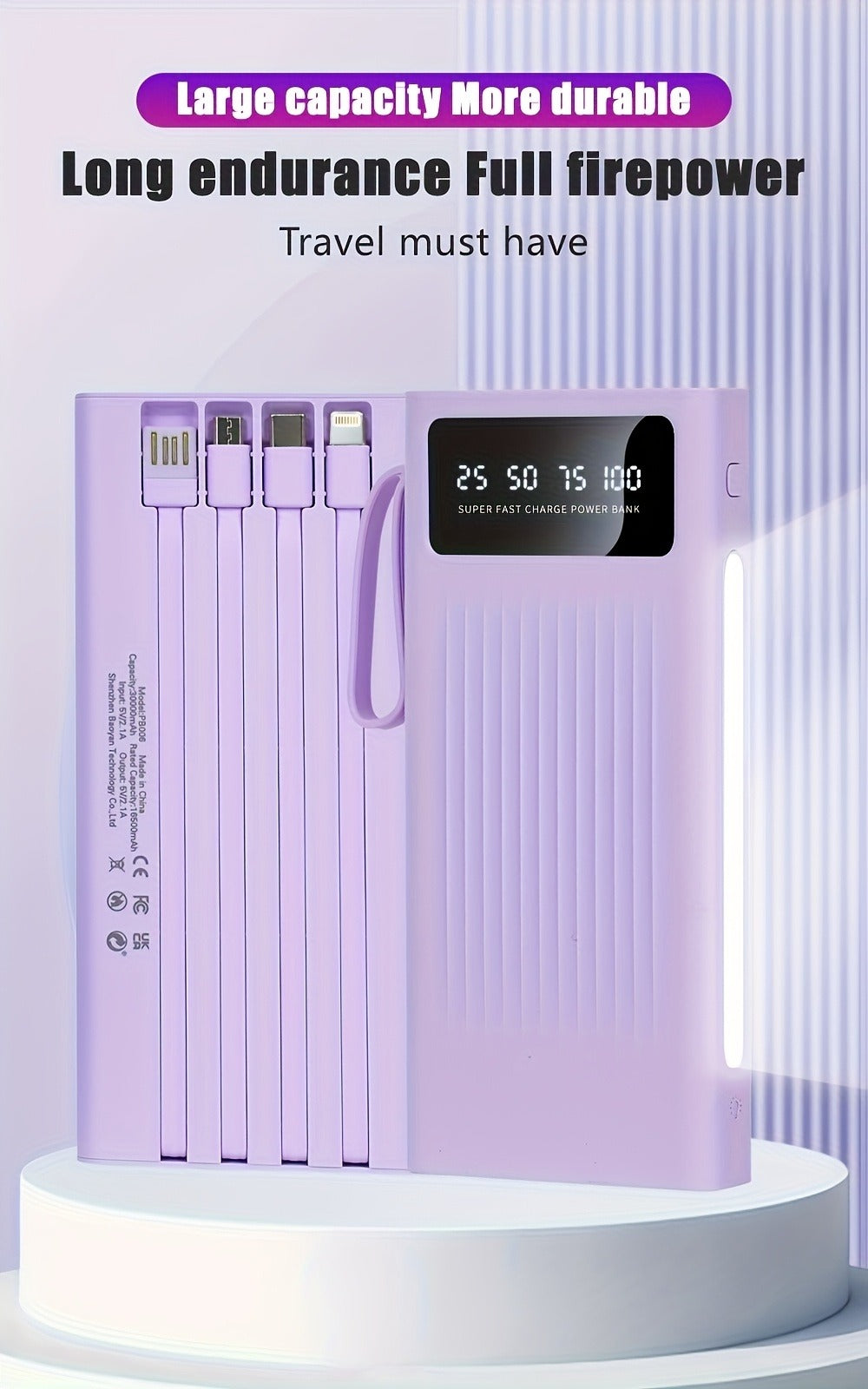 30000mAh Large Capacity Power Bank 15W Fast Charging with 4 Built-In Cables & 4-Mode Camping Light, Business Minimalist Portable Charger 10000mAh 20000mAh Compatible with iPhone Android – Black Purple White