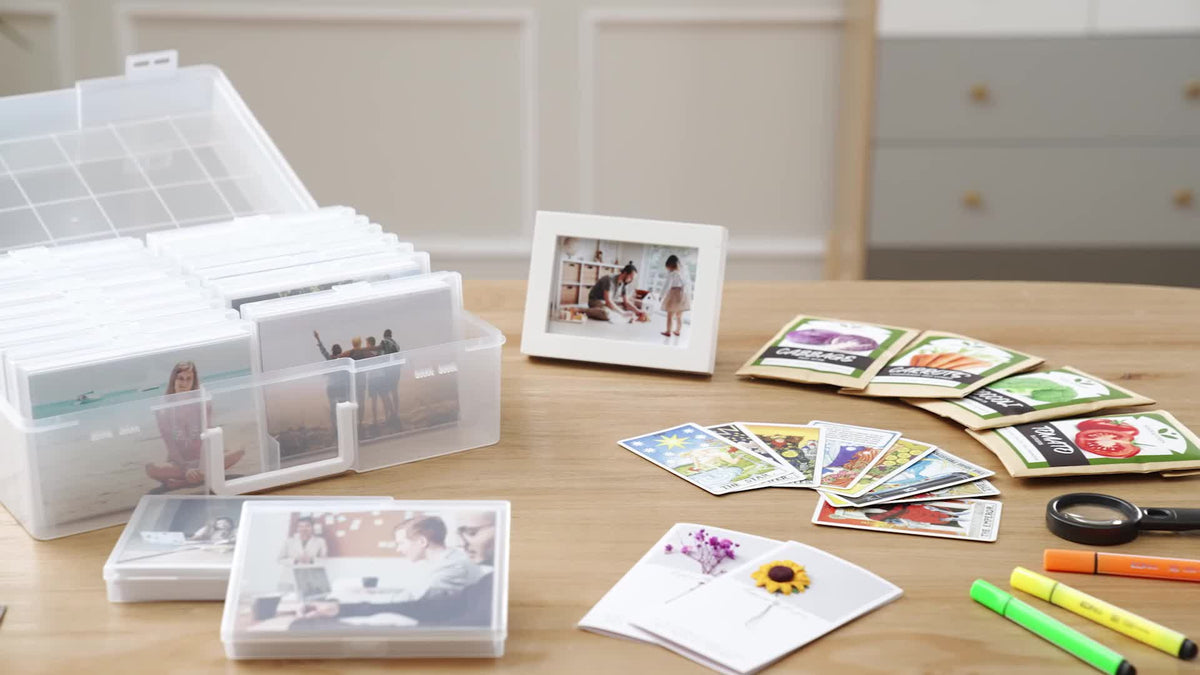 4x6 Photo Storage Box with 14 Inner Photo Keeper Cases Holds 1400 Photos Clear Plastic Photo Organizer with Lids Label Stickers BPA-Free for Cards Pictures Stamps Craft Office Supplies