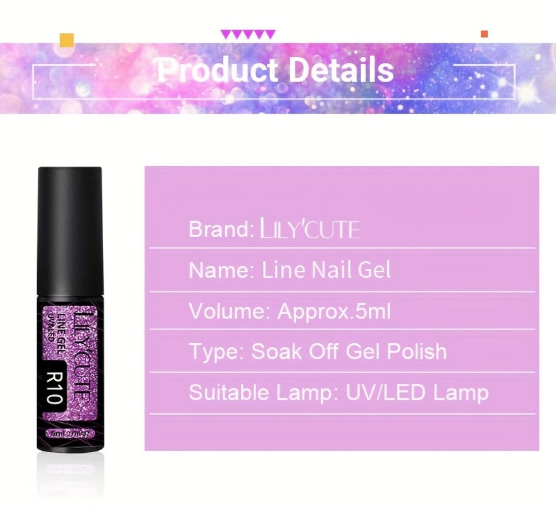 Reflective Glitter Line Gel Nail Polish 9pcs Set – LED Cure Stripe Liner Pull Line Graffiti Sparkling Nail Art Kit for Salon & DIY Home Manicure, 5ml Each Long Lasting Chip Resistant