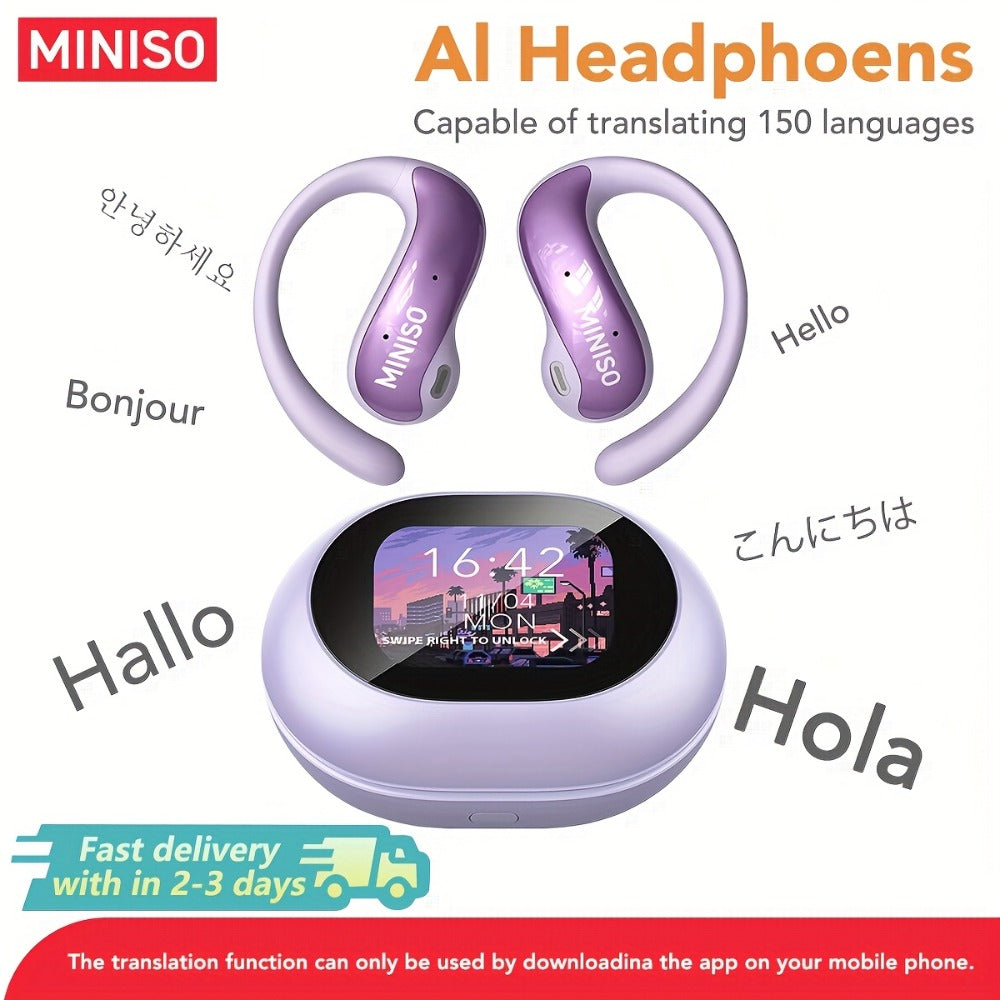 AI Translation Wireless Earbuds Real-Time 135 Languages Open-Ear Design Full-Color Touch Screen Gaming Headset Bluetooth for Travel Business Study iOS Android