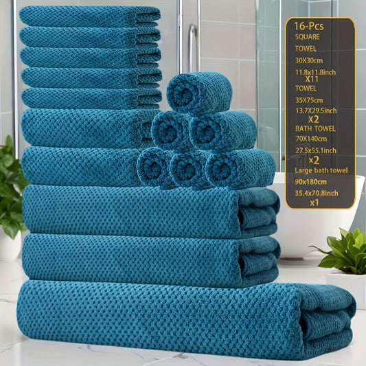 Coral Fleece Bath Towel Set, 16-Piece 300 GSM with Washcloths and Square Towels