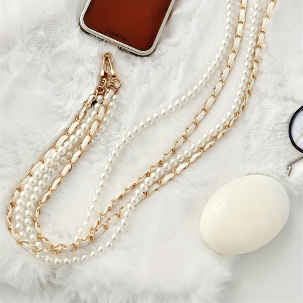 Pearl Double Chain Phone Strap Crossbody Wristband Lanyard for Women Girls – Faux Pearl Leather Clip-On Hanging Chain Strap for iPhone Samsung Android Smartphones – Aesthetic Y2K Fashion Accessory Black White