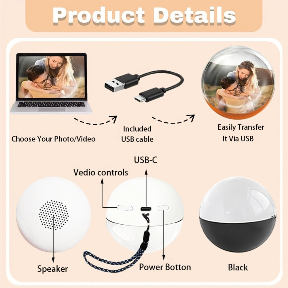 Crystal Ball Video Player Gift 2.7 Inch LED Light-Up Digital Sphere - Upload Your Own Videos & Photos, Personalized Keepsake for Anniversary Birthday Wedding Valentine Christmas, 3 Colors