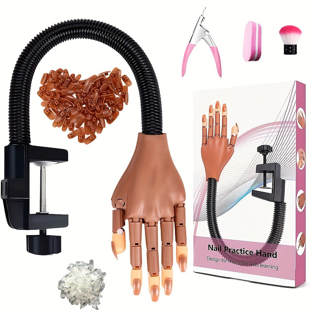Nail Practice Hand Kit for Acrylic Nails Flexible Training Hand with 200pcs Replacement Nail Pads Clippers Files and Brush - Complete Manicure Training Tools for Beginners and Nail Salons