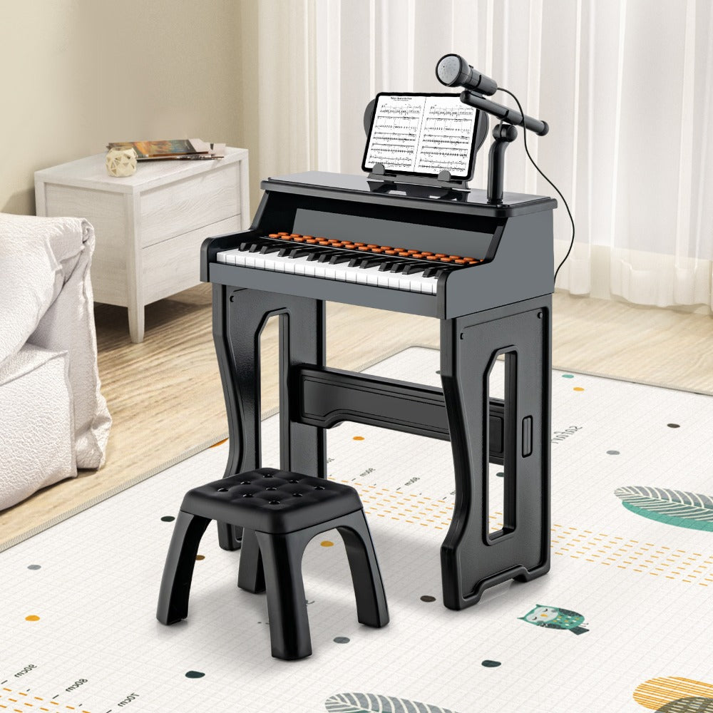 Kids Piano Set 37 Keys with Microphone, Detachable Music Stand & Stool, 22 Demos 8 Tones 8 Percussion Effects, Multifunctional Educational Piano Learning Toy for Toddlers Boys & Girls Ages 3+, Black
