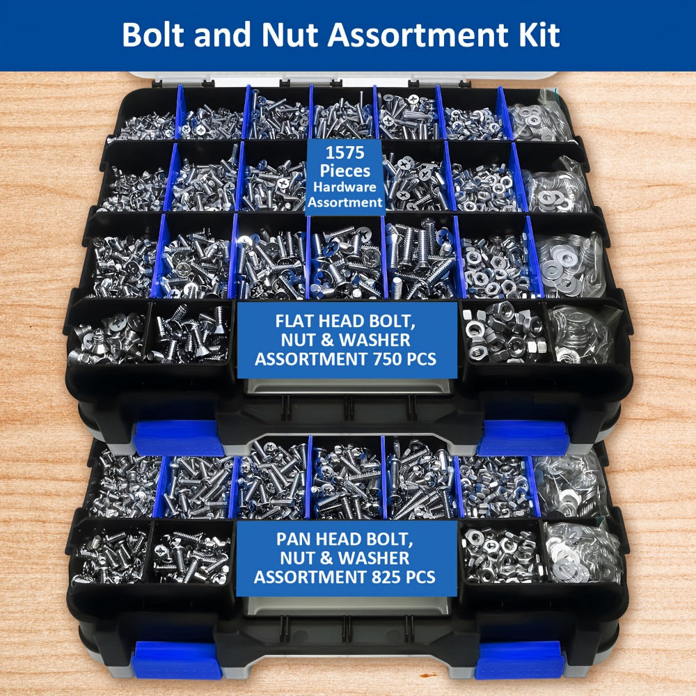 1575pcs 304 Stainless Steel Nuts and Bolts Assortment Kit – Pan Head Flat Head Screws Nuts Washers with Double-Sided Storage Box for Home & Mechanical Repairs