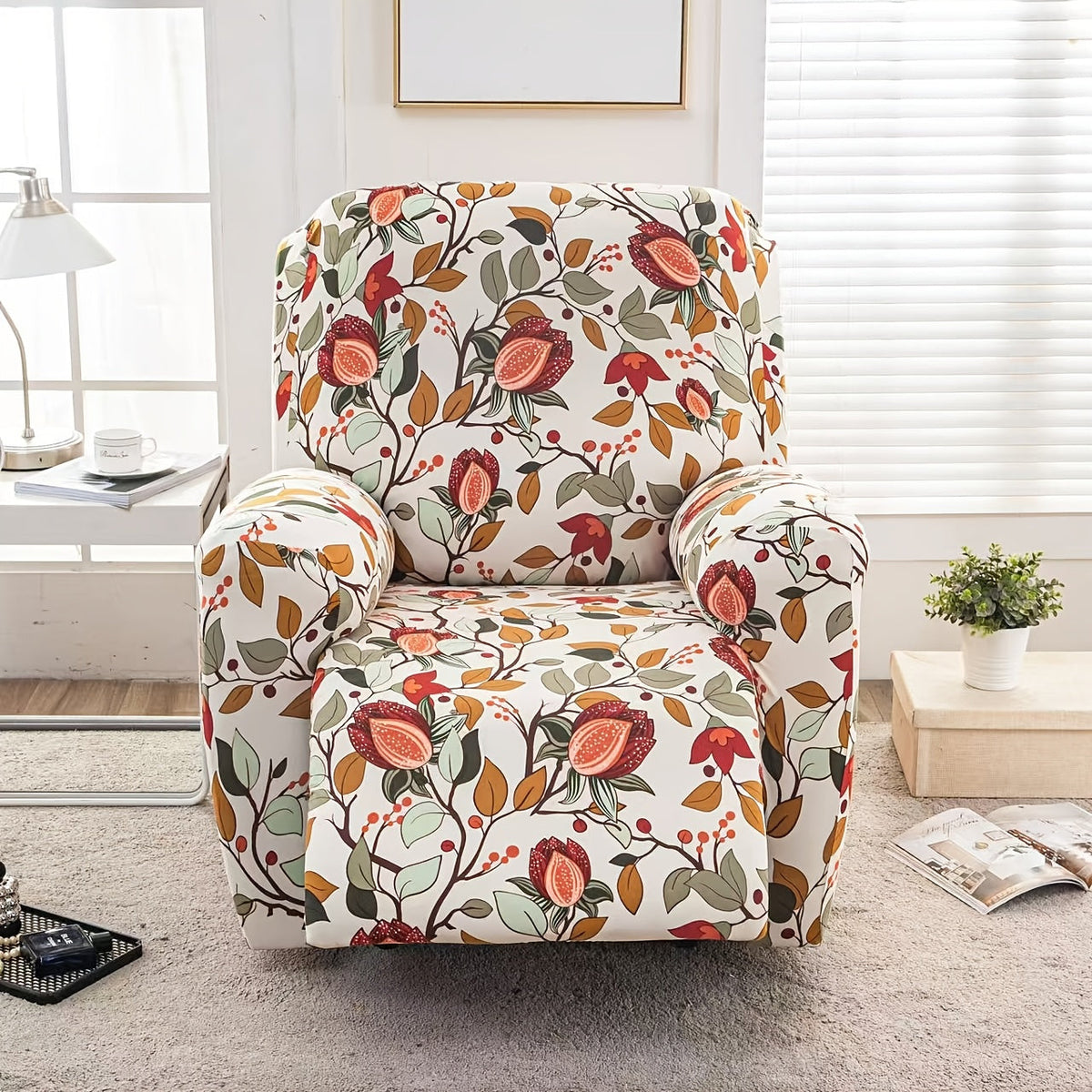 Recliner Slipcover 4pcs Extra Large with Pocket - Spandex Stretch Four Seasons Furniture Protector | Botanical Geometric Prints | Living Room Home Decor Sofa Chair Cover
