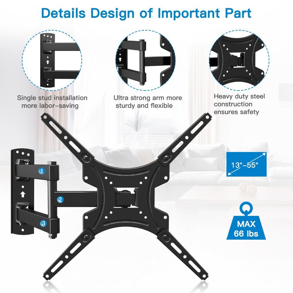 Heavy Duty TV Wall Mount 26-60 Inch Full Motion – Stainless Steel Swivel Tilt Extension Arm, VESA 400x400mm, Holds 77 lbs, Universal Fit for Samsung LG Sony TCL Vizio Hisense, Black