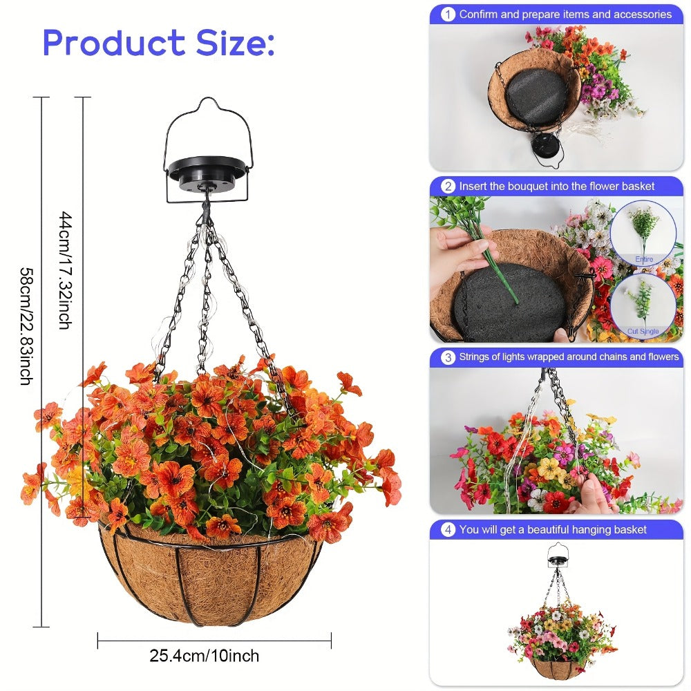 Solar Hanging Flower Basket with RGB String Lights – 10 Inch Artificial Flowers, Dusk-to-Dawn Auto On, Waterproof Outdoor Decor for Patio, Garden, Balcony & Front Porch | Pink Purple Orange