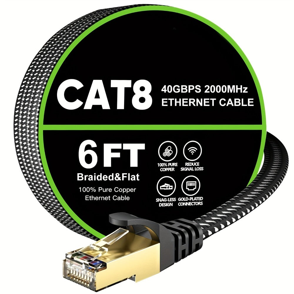 Cat 8 Ethernet Cable 100ft Flat Braided, 40Gbps 2000MHz High Speed Internet Cord, Gold Plated RJ45 SSTP Shielded Network LAN Cable for PS4 PS5 Gaming, Router, Modem, PC, Laptop, Xbox