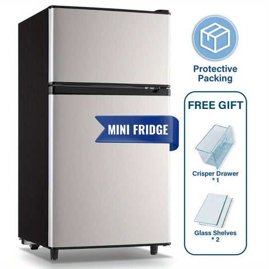 Small Fridge with Freezer, 2-Door Silver Refrigerator, 2.5 or 3.5 Cu Ft with 7-Level Thermostat