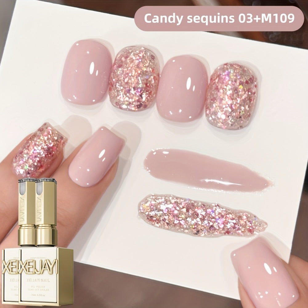 Holographic Glitter Gel Nail Polish Set 2pcs Magnetic Cat Eye UV LED - Sequin Candy Shimmer Long Lasting Chip Resistant Nail Art Kit for Salon & Home DIY Women 0.51oz Each Photo Frame Bottle