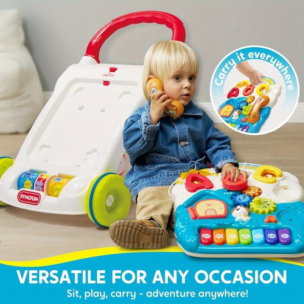 Sit to Stand Baby Push Walker 2-in-1 Adjustable Speed Learning Walker Detachable Play Panel 7-Mode Piano Light-Up Buttons Sound Effects | Infant Walking Toy for Boys Girls | Baby Shower Birthday Gift