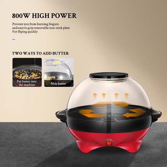 Electric Stirring Popcorn Maker, 800W 6-Quart with Non-Stick Plate & Serving Bowl, Red